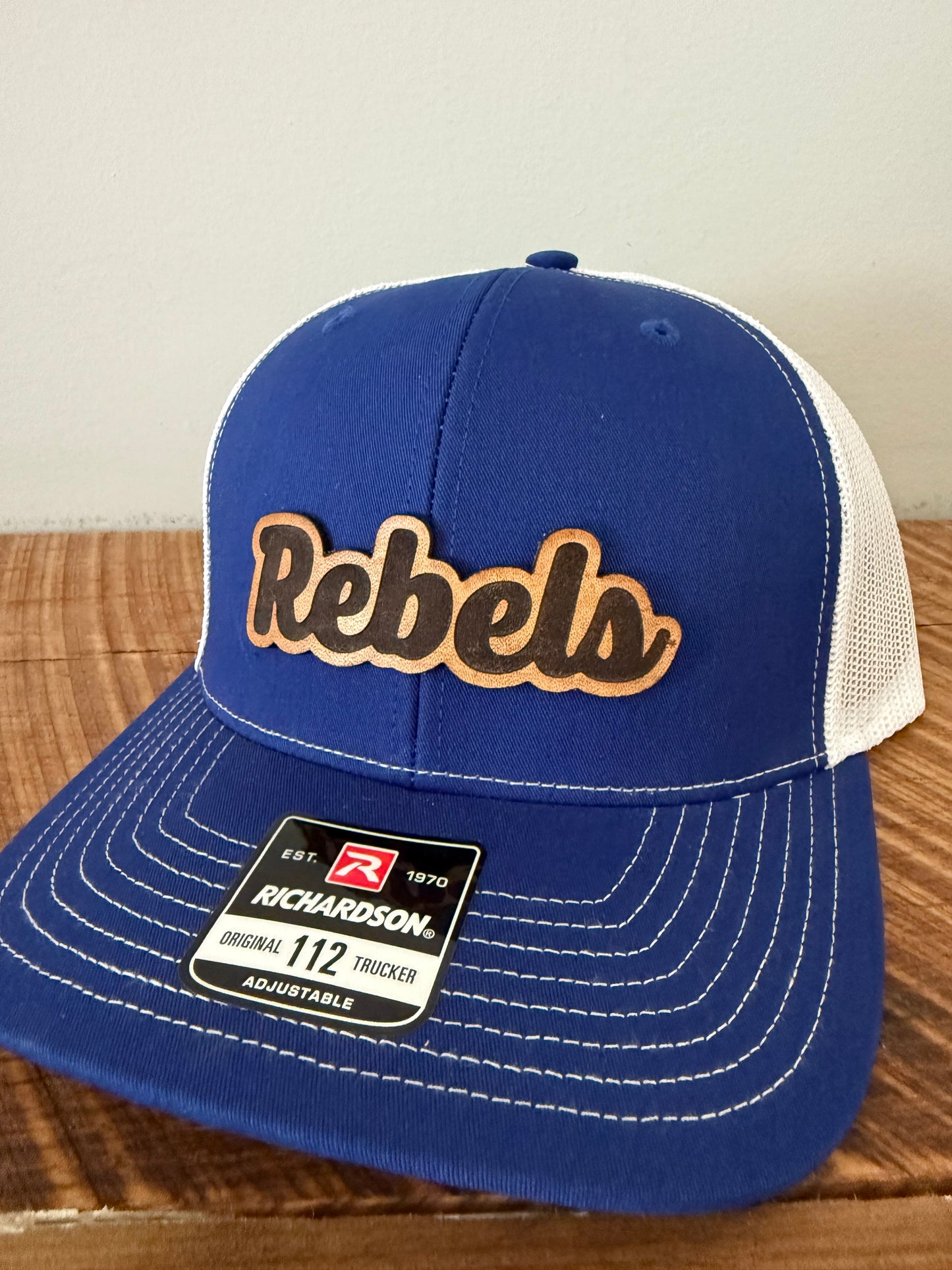Custom Script Mascot Leather Patch Hat | Richardson 112 Trucker | Personalized Spirit Wear for Teams, Schools & Fans