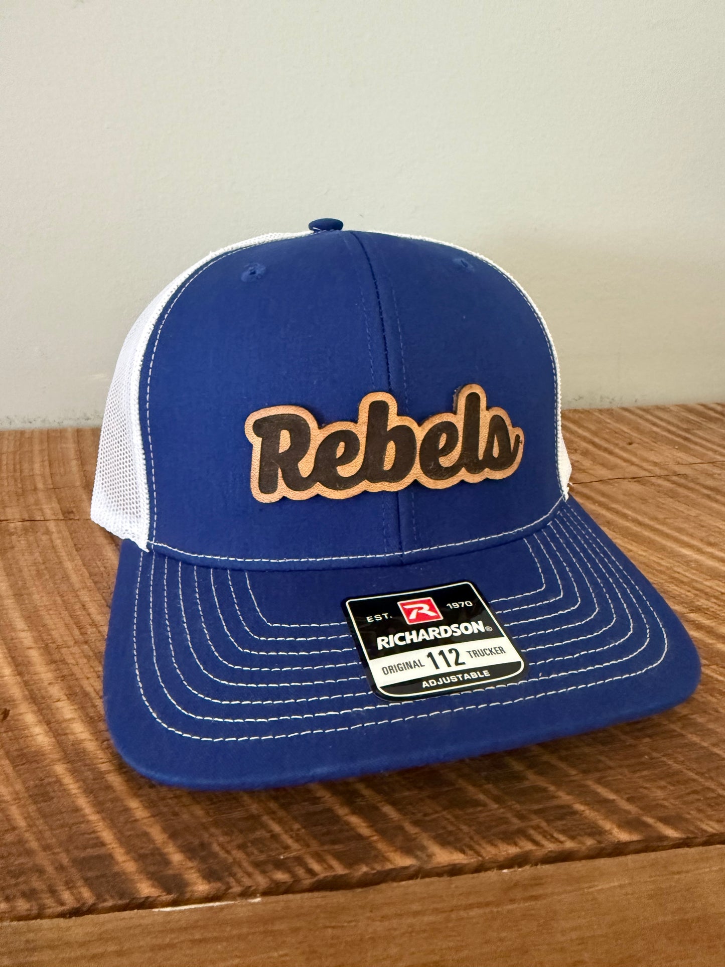 Custom Script Mascot Leather Patch Hat | Richardson 112 Trucker | Personalized Spirit Wear for Teams, Schools & Fans