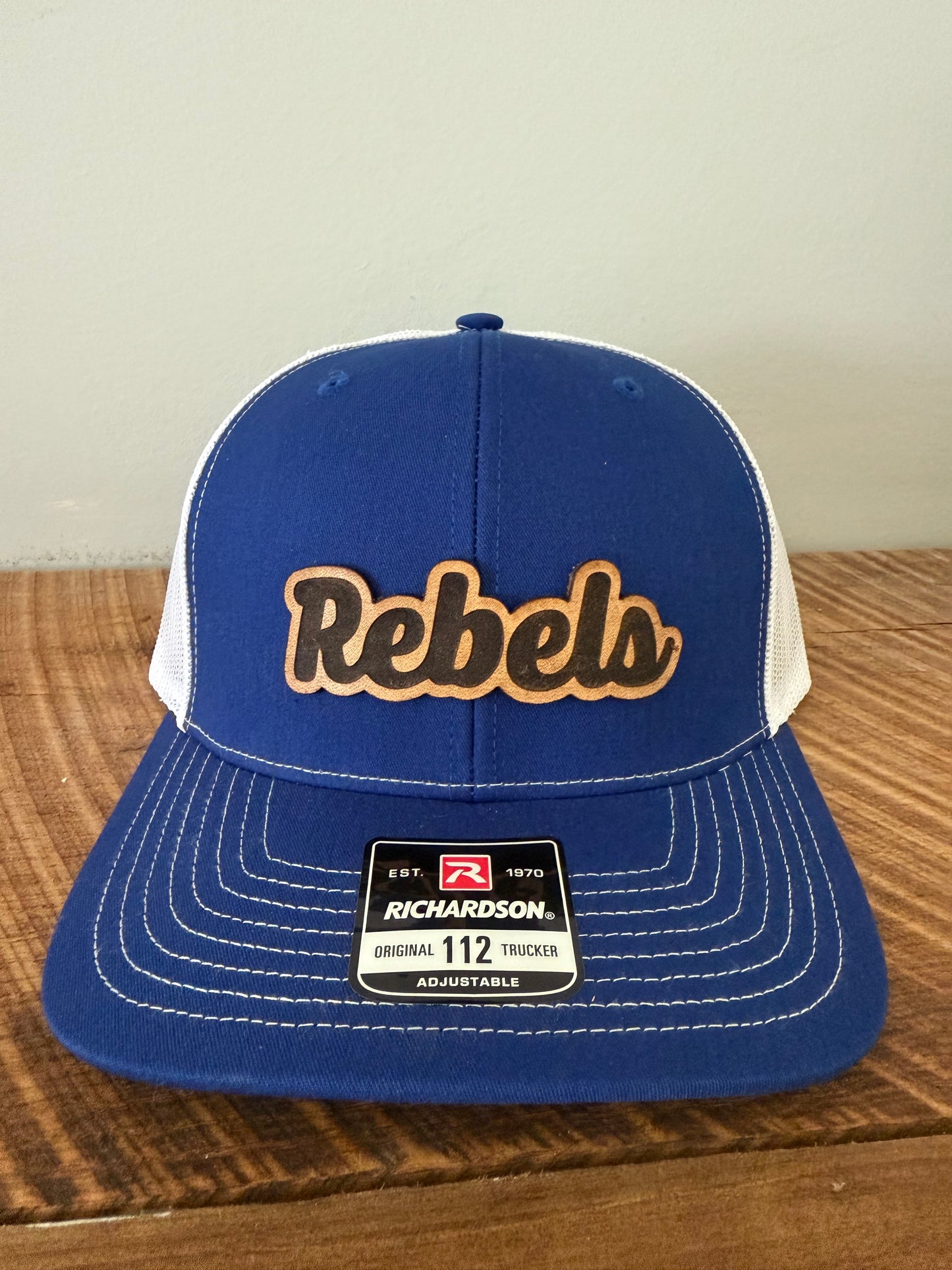Custom Script Mascot Leather Patch Hat | Richardson 112 Trucker | Personalized Spirit Wear for Teams, Schools & Fans