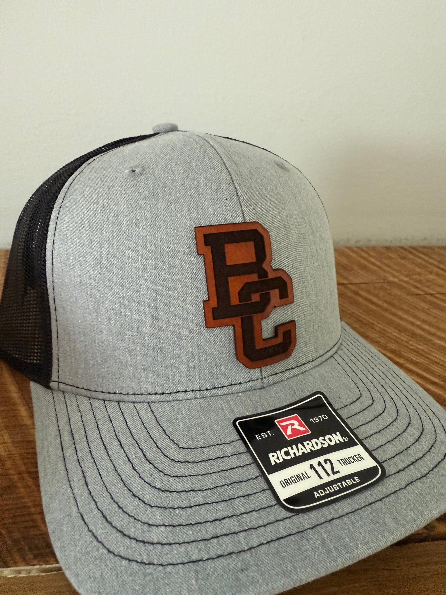 Interlocking BC Leather Patch Hat | Richardson 112 Trucker | Custom School Spirit Hat for Fans, Teams & Coaches