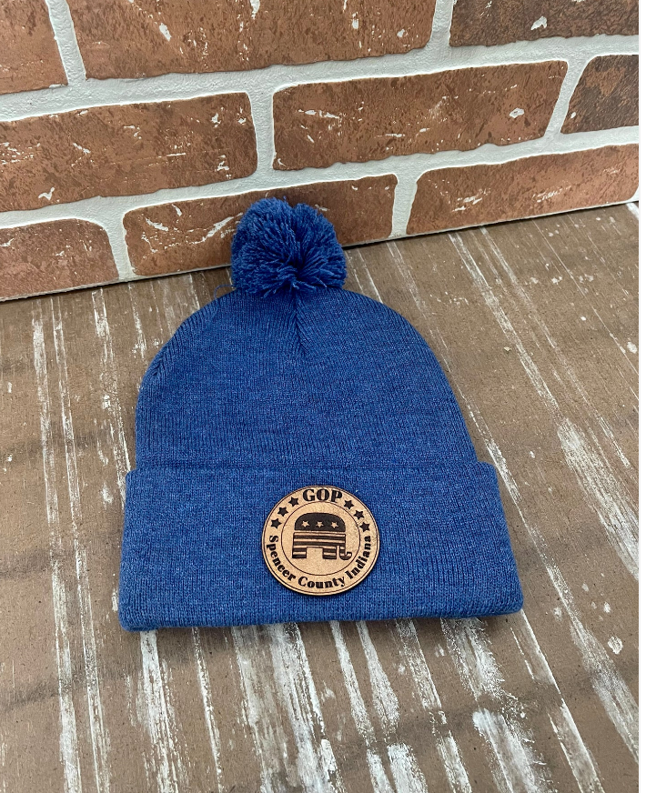 Custom Leather Patch Adult Beanie + POM