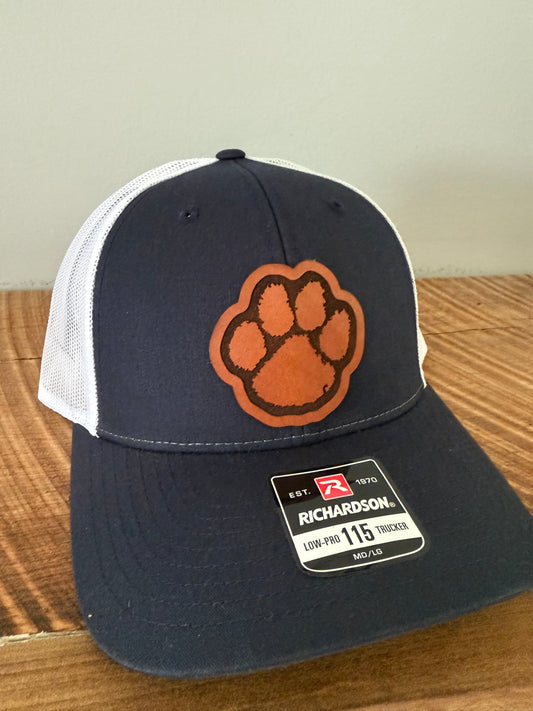 Tiger Paw Print Leather Patch Hat | Richardson 112 Trucker | Custom Football Spirit Hat for Fans, Teams & Coaches