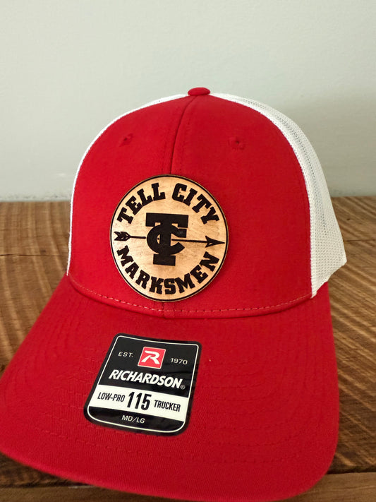 Marksmen Leather Patch Hat | Richardson 112 Trucker | Custom Football Spirit Wear for Fans, Coaches & Students